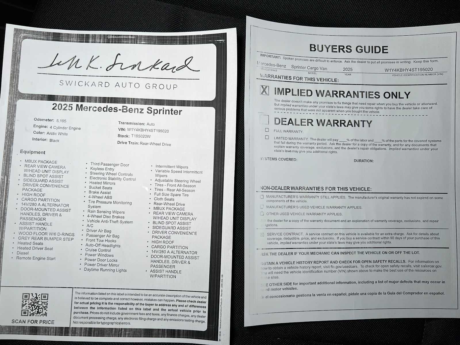 2025 Mercedes-Benz Sprinter 2500 Standard Roof I4 Diesel 144" RWD