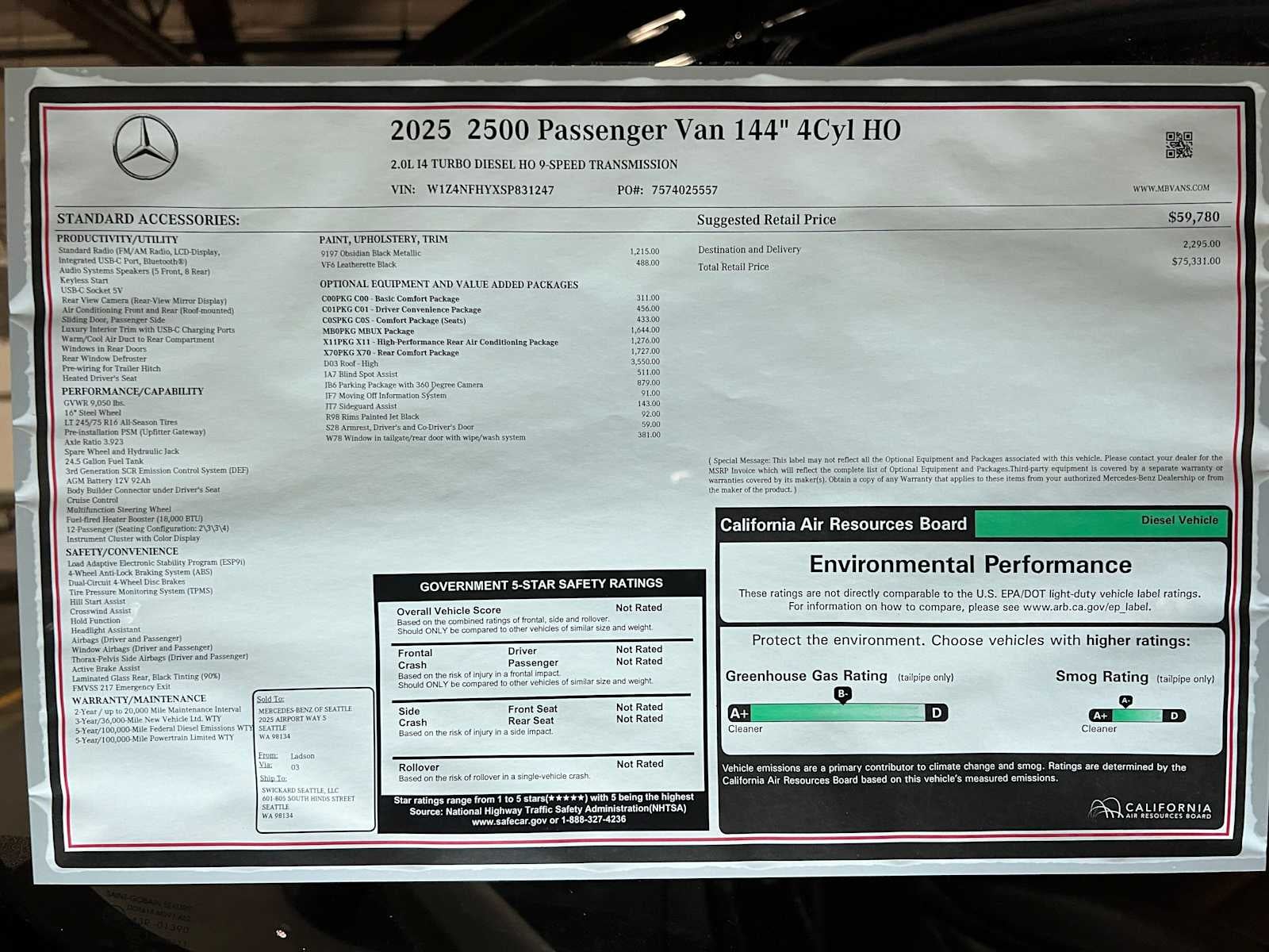 2025 Mercedes-Benz Sprinter 2500 Standard Roof I4 Diesel HO 144" RWD