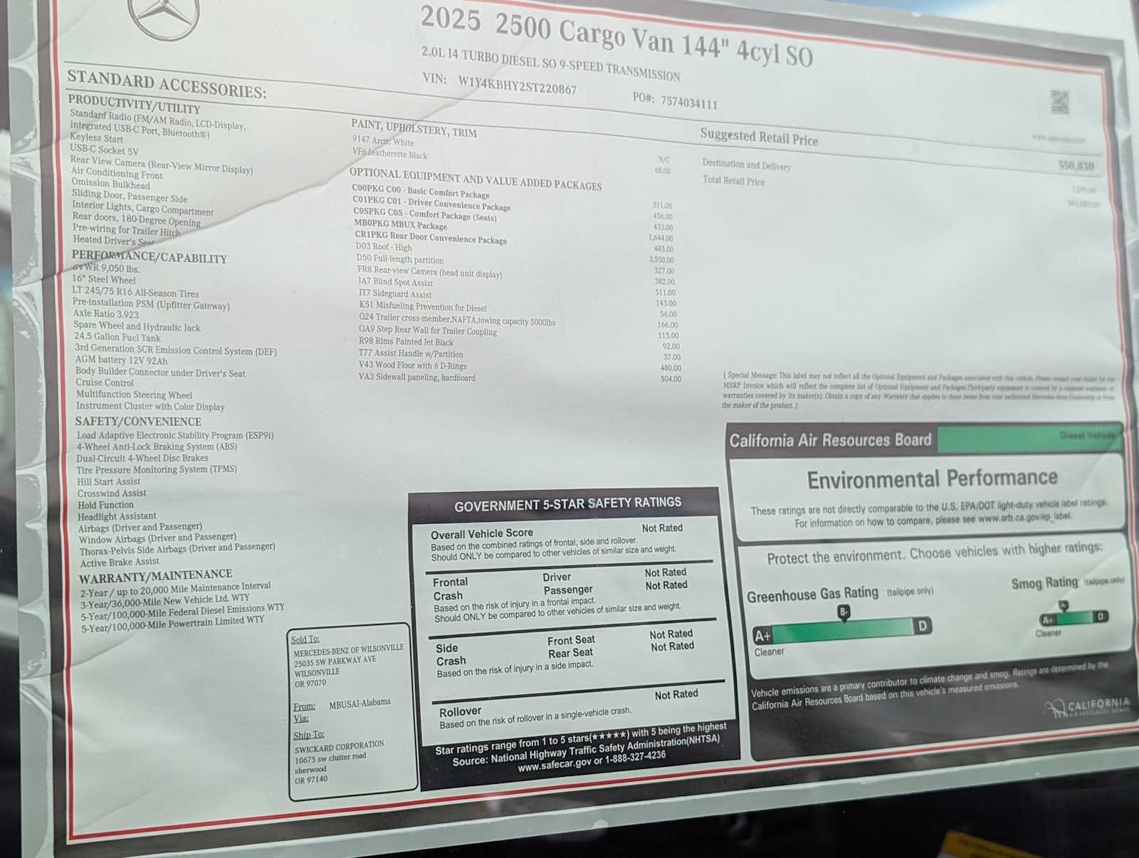 2025 Mercedes-Benz Sprinter 2500 Standard Roof I4 Diesel 144" RWD