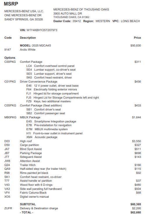 2025 Mercedes-Benz Sprinter 2500 Standard Roof I4 Diesel 144" RWD
