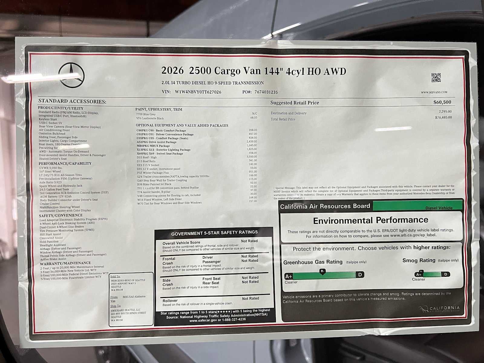 2026 Mercedes-Benz Sprinter Cargo 2500 Standard Roof I4 Diesel HO 144 AWD