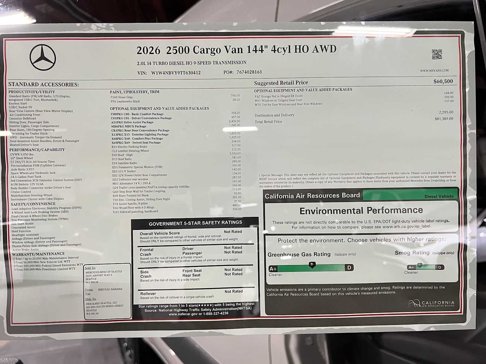 2026 Mercedes-Benz Sprinter Cargo 2500 Standard Roof I4 Diesel HO 144 AWD