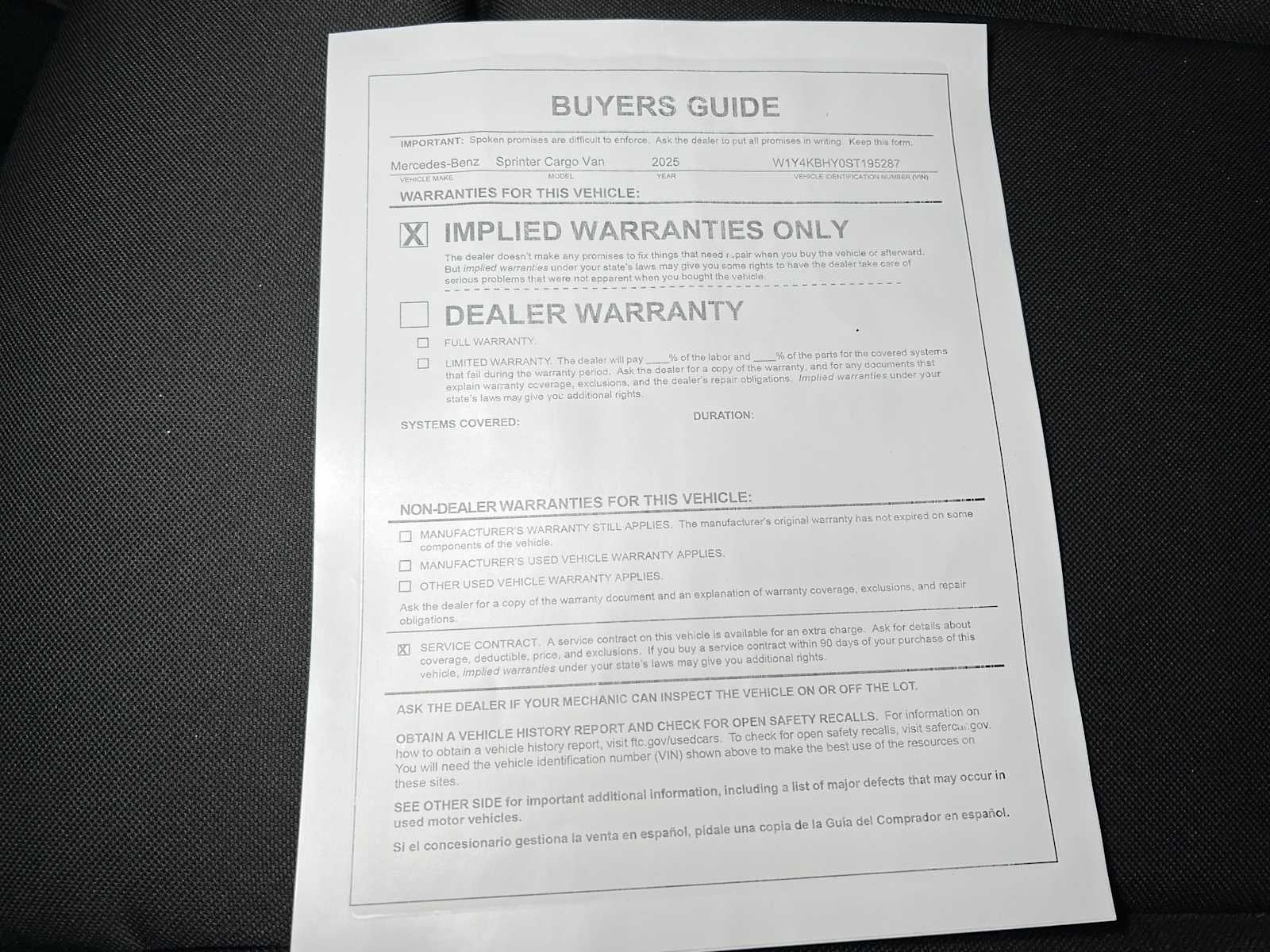 2025 Mercedes-Benz Sprinter Cargo Van 2500 Standard Roof I4 Diesel 144" RWD