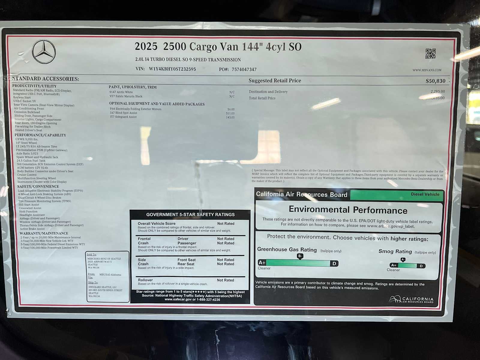 2025 Mercedes-Benz Sprinter Cargo Van 2500 Standard Roof I4 Diesel 144" RWD