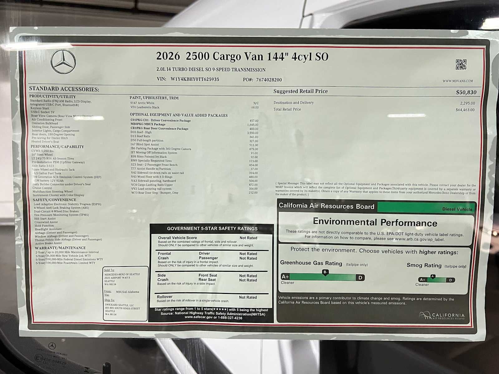 2026 Mercedes-Benz Sprinter Cargo 2500 Standard Roof I4 Diesel 144 RWD