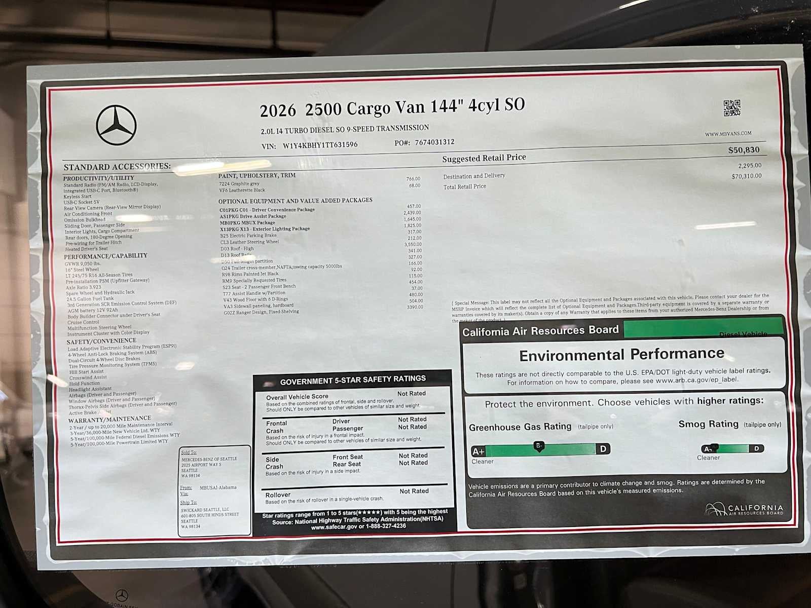2026 Mercedes-Benz Sprinter Cargo 2500 Standard Roof I4 Diesel 144 RWD