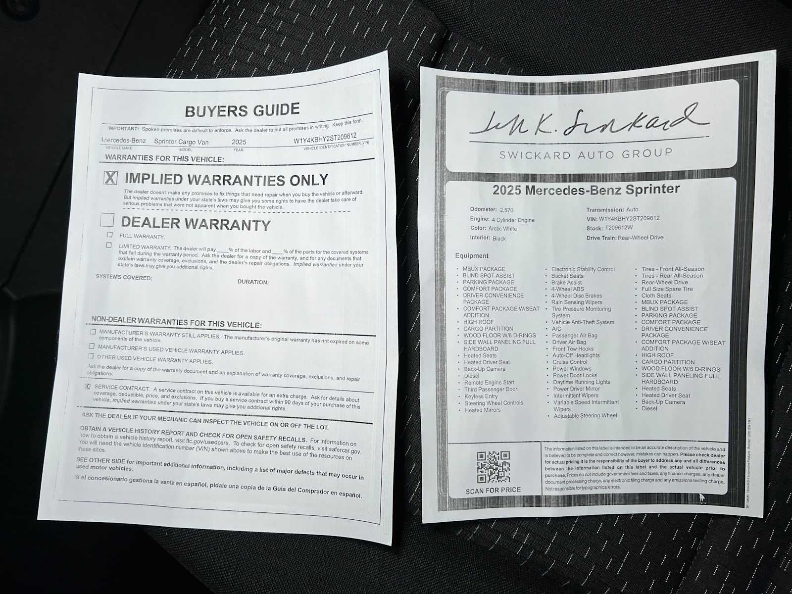 2025 Mercedes-Benz Sprinter Cargo Van 2500 Standard Roof I4 Diesel 144" RWD