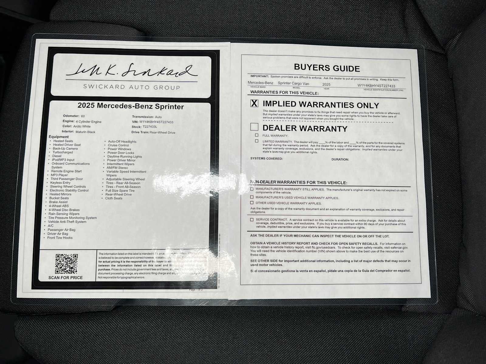 2025 Mercedes-Benz Sprinter Cargo Van 2500 Standard Roof I4 Diesel 144 RWD