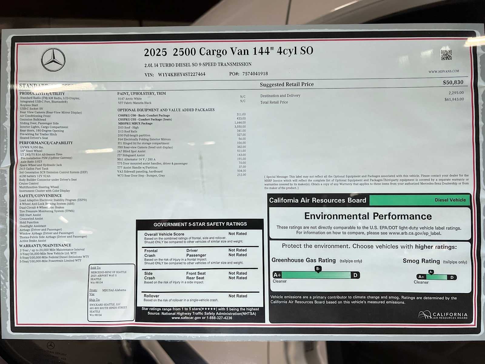 2025 Mercedes-Benz Sprinter Cargo Van 2500 Standard Roof I4 Diesel 144" RWD