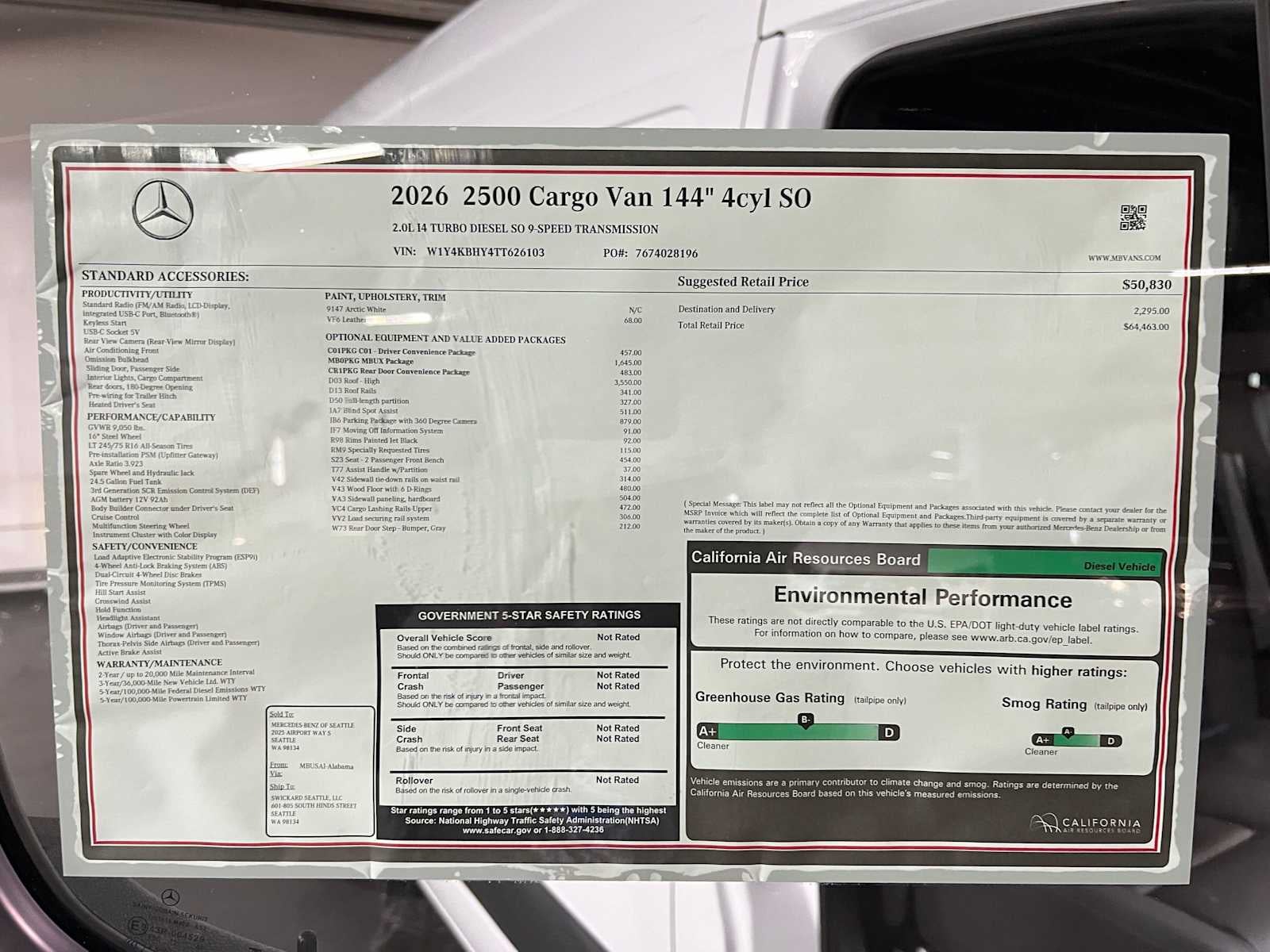2026 Mercedes-Benz Sprinter Cargo 2500 Standard Roof I4 Diesel 144 RWD