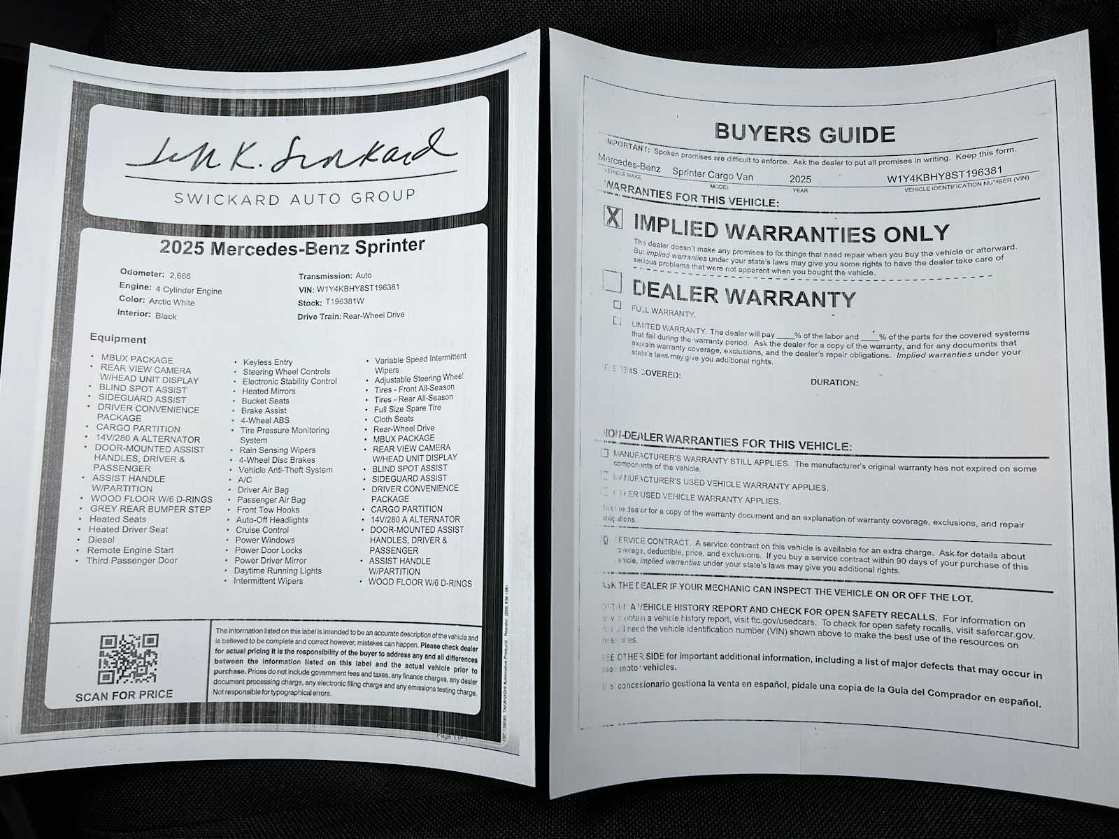 2025 Mercedes-Benz Sprinter Cargo Van 2500 Standard Roof I4 Diesel 144" RWD