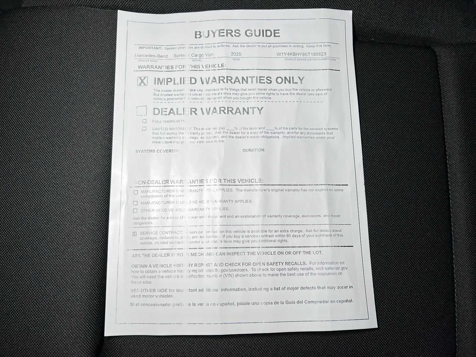 2025 Mercedes-Benz Sprinter Cargo Van 2500 Standard Roof I4 Diesel 144" RWD