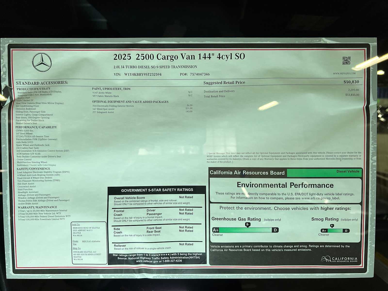 2025 Mercedes-Benz Sprinter Cargo Van 2500 Standard Roof I4 Diesel 144" RWD