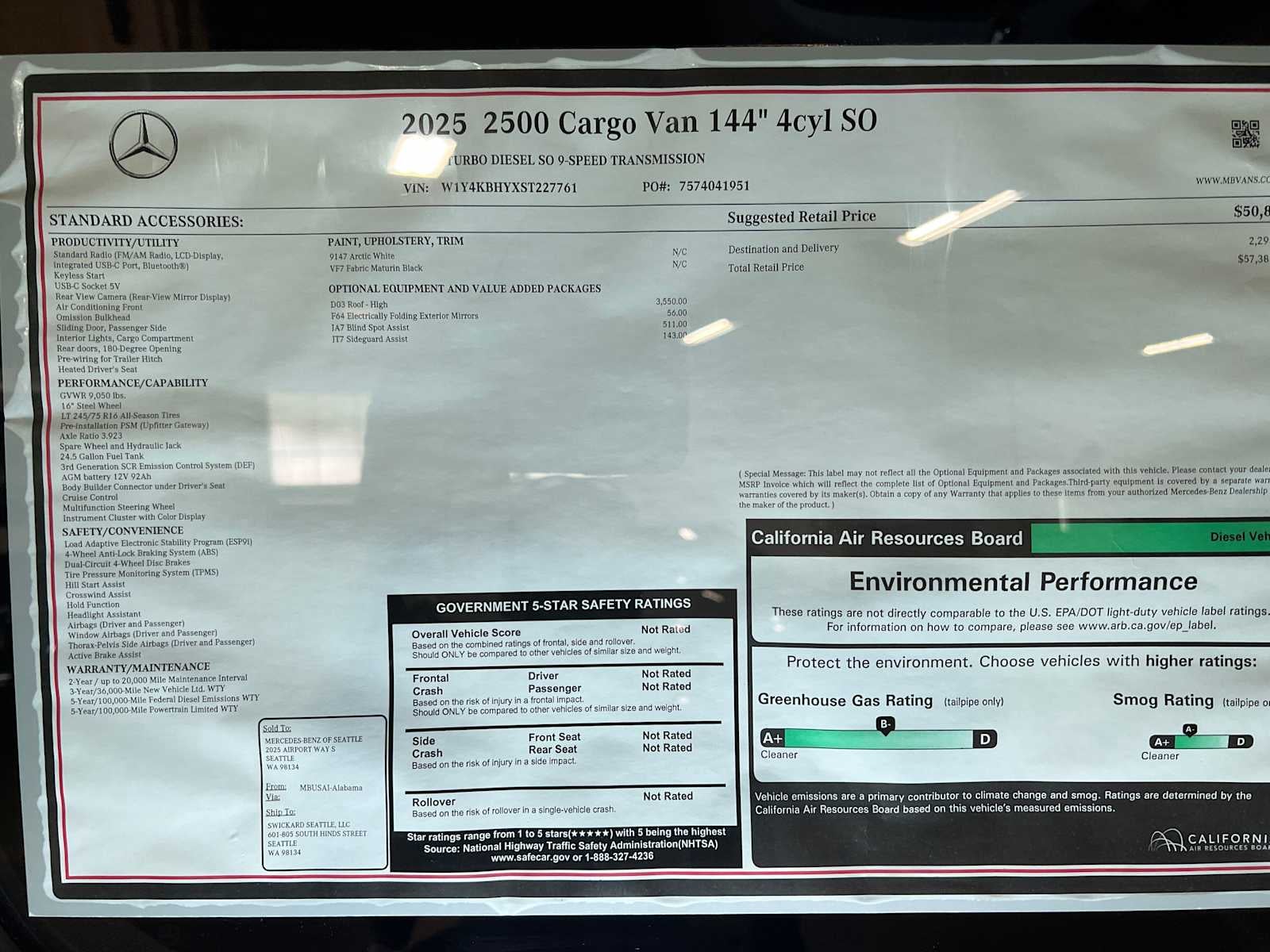 2025 Mercedes-Benz Sprinter Cargo Van 2500 Standard Roof I4 Diesel 144" RWD