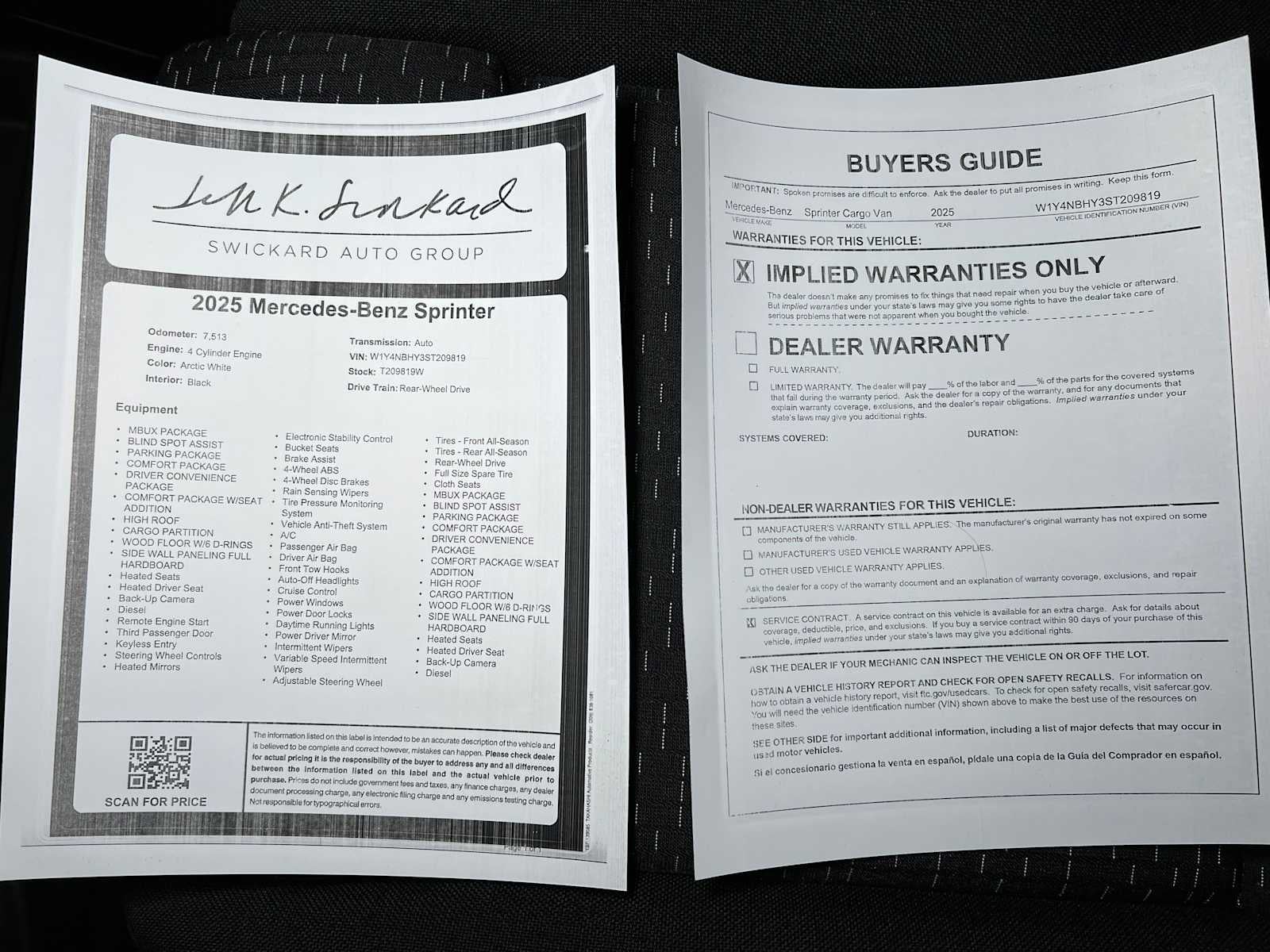 2025 Mercedes-Benz Sprinter Cargo Van 2500 Standard Roof I4 Diesel HO 144" RWD