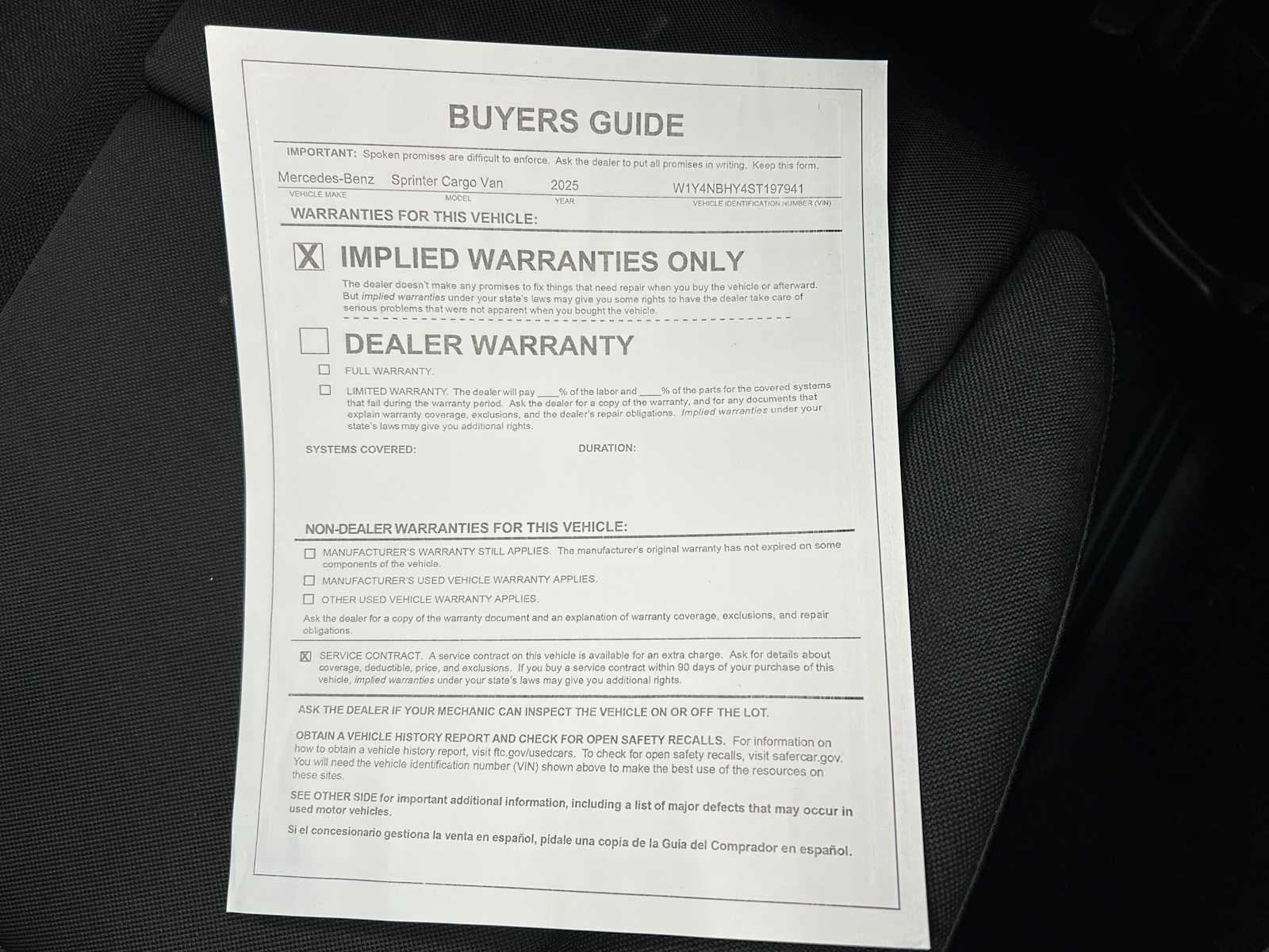 2025 Mercedes-Benz Sprinter Cargo Van 2500 Standard Roof I4 Diesel HO 144" RWD