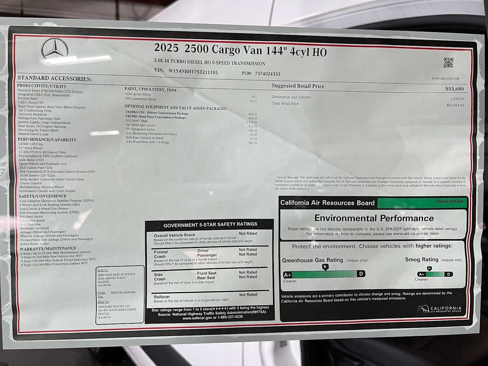 2025 Mercedes-Benz Sprinter Cargo Van 2500 Standard Roof I4 Diesel HO 144 RWD