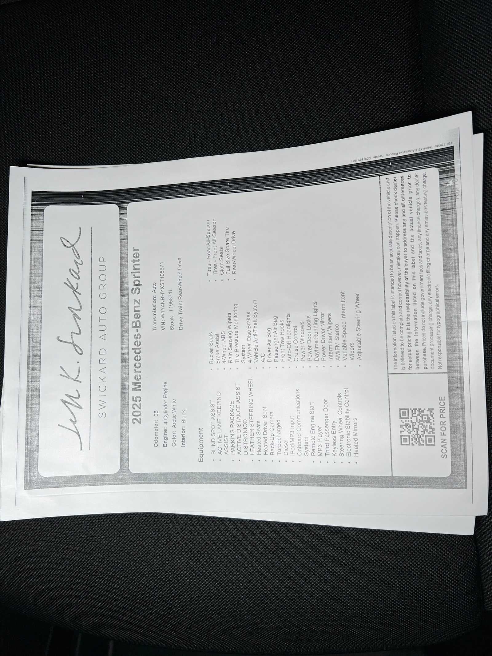 2025 Mercedes-Benz Sprinter Cargo Van 2500 Standard Roof I4 Diesel HO 144" RWD