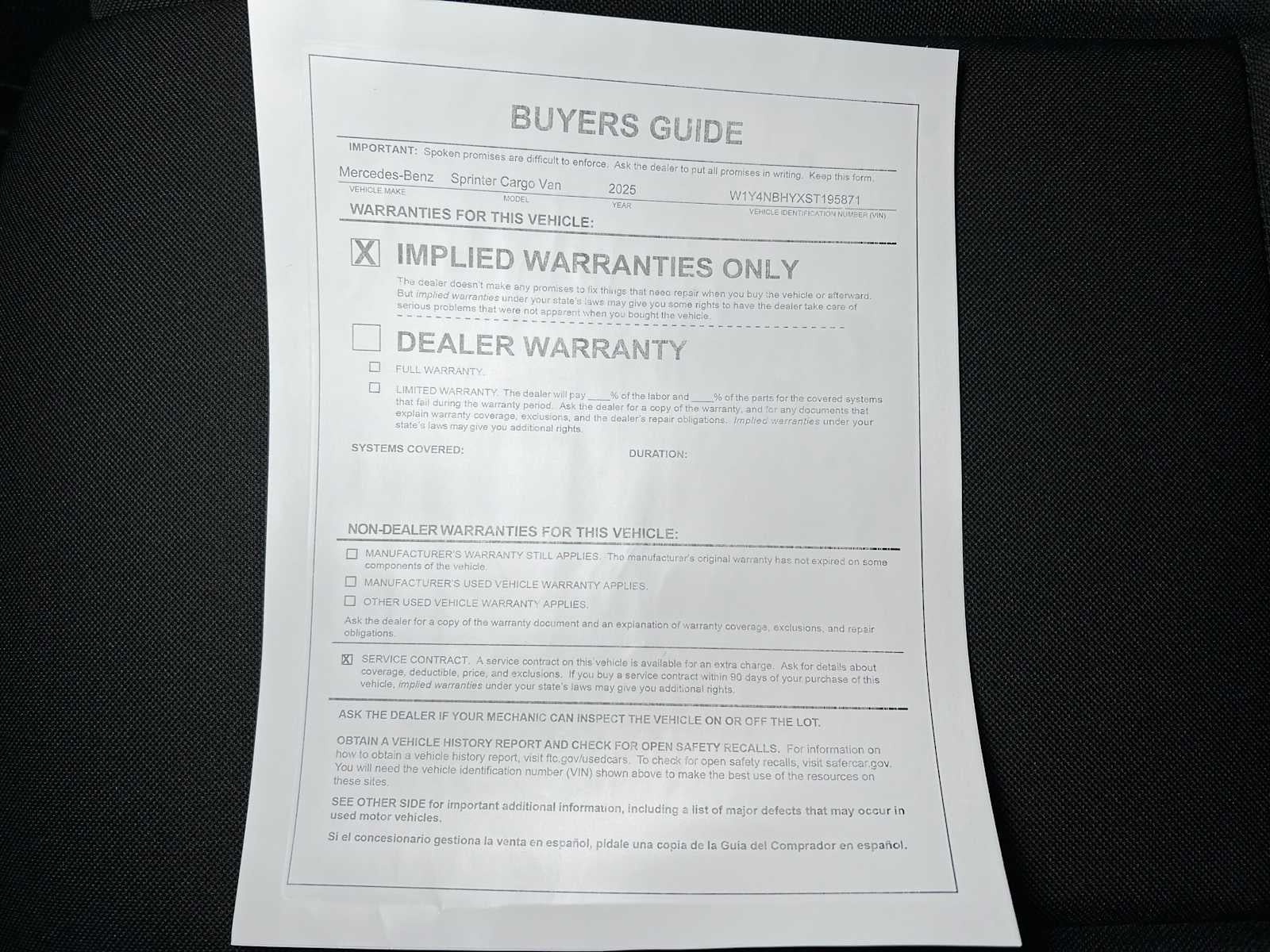 2025 Mercedes-Benz Sprinter Cargo Van 2500 Standard Roof I4 Diesel HO 144" RWD