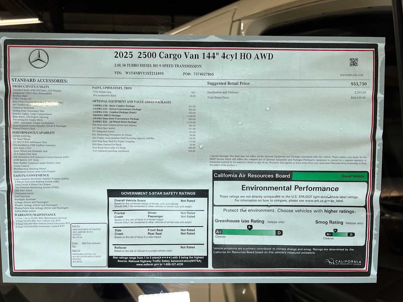 2025 Mercedes-Benz Sprinter Cargo Van 2500 Standard Roof I4 Diesel HO 144" AWD