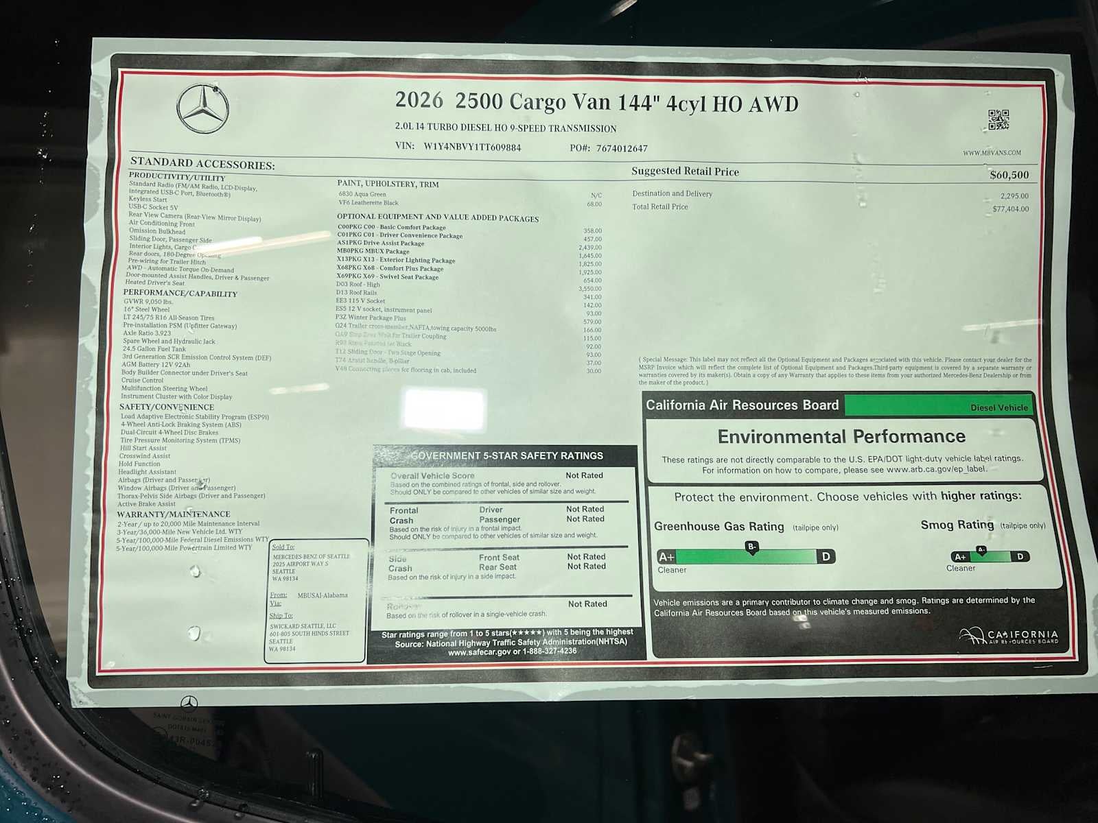 2026 Mercedes-Benz Sprinter Cargo Van 2500 Standard Roof I4 Diesel HO 144 AWD