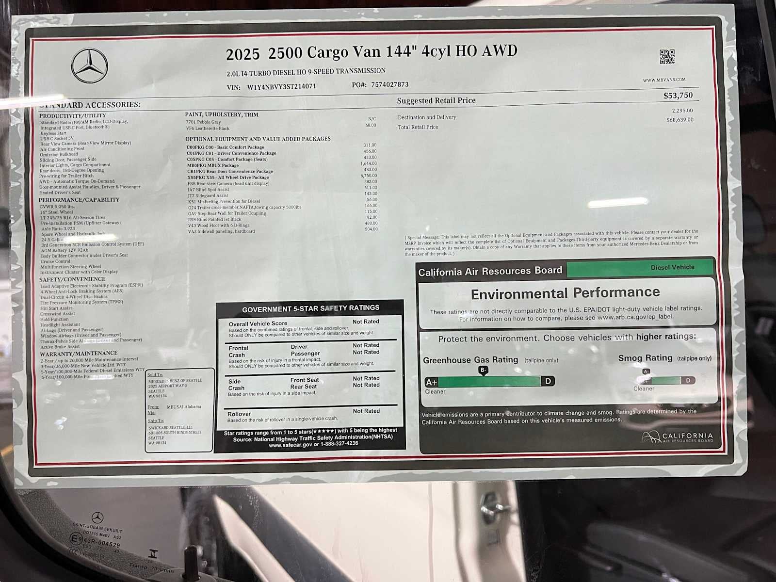 2025 Mercedes-Benz Sprinter Cargo Van 2500 Standard Roof I4 Diesel HO 144 AWD