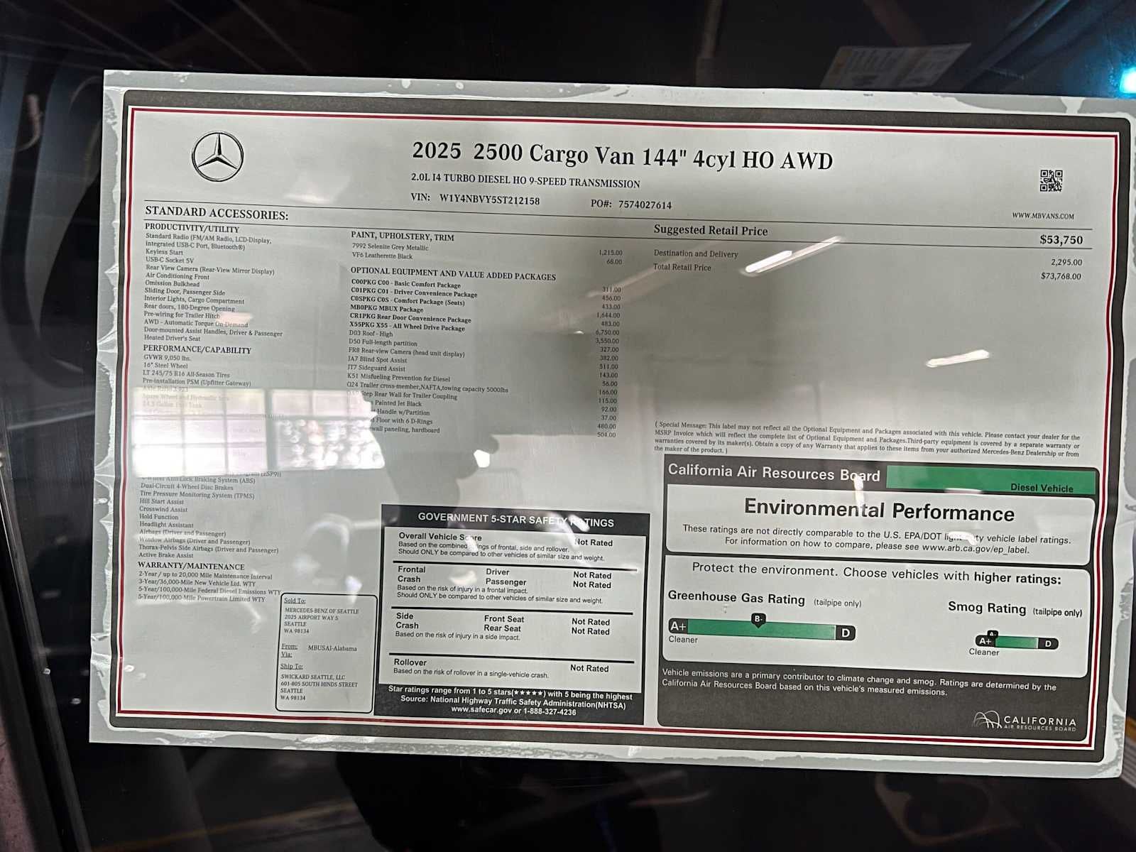 2025 Mercedes-Benz Sprinter Cargo Van 2500 Standard Roof I4 Diesel HO 144 AWD
