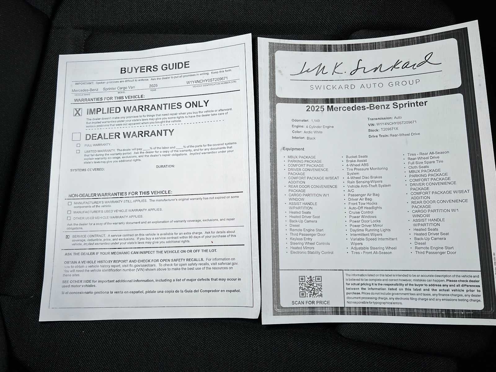 2025 Mercedes-Benz Sprinter Cargo Van 2500 High Roof I4 Diesel HO 170" RWD