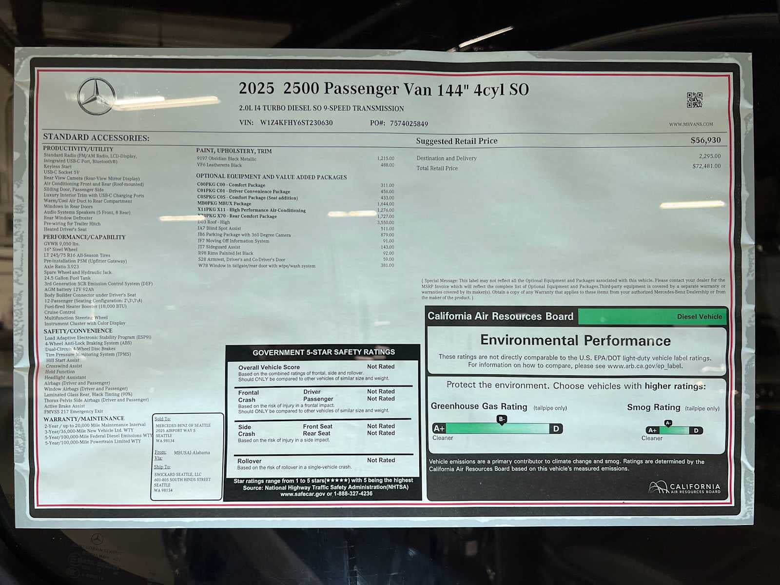2025 Mercedes-Benz Sprinter Passenger Van 2500 Standard Roof I4 Diesel 144" RWD