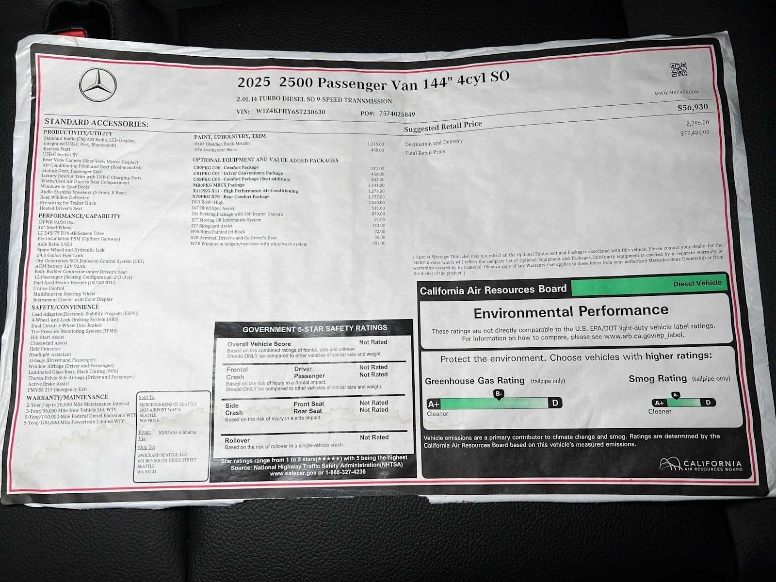 2025 Mercedes-Benz Sprinter Passenger Van 2500 Standard Roof I4 Diesel 144 RWD