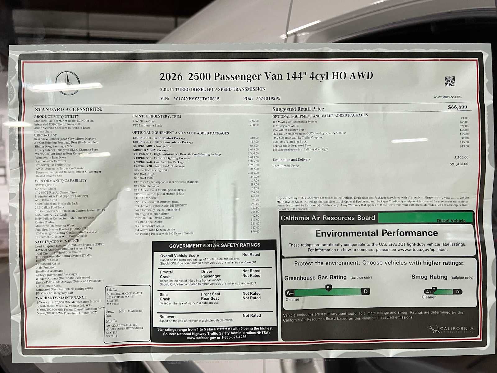 2026 Mercedes-Benz Sprinter Passenger Van 2500 Standard Roof I4 Diesel HO 144 AWD
