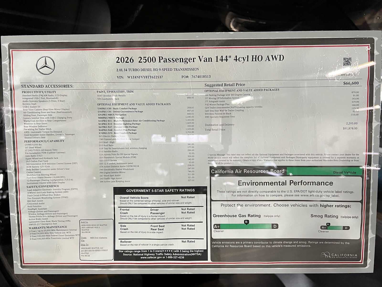 2026 Mercedes-Benz Sprinter Passenger Van 2500 Standard Roof I4 Diesel HO 144 AWD