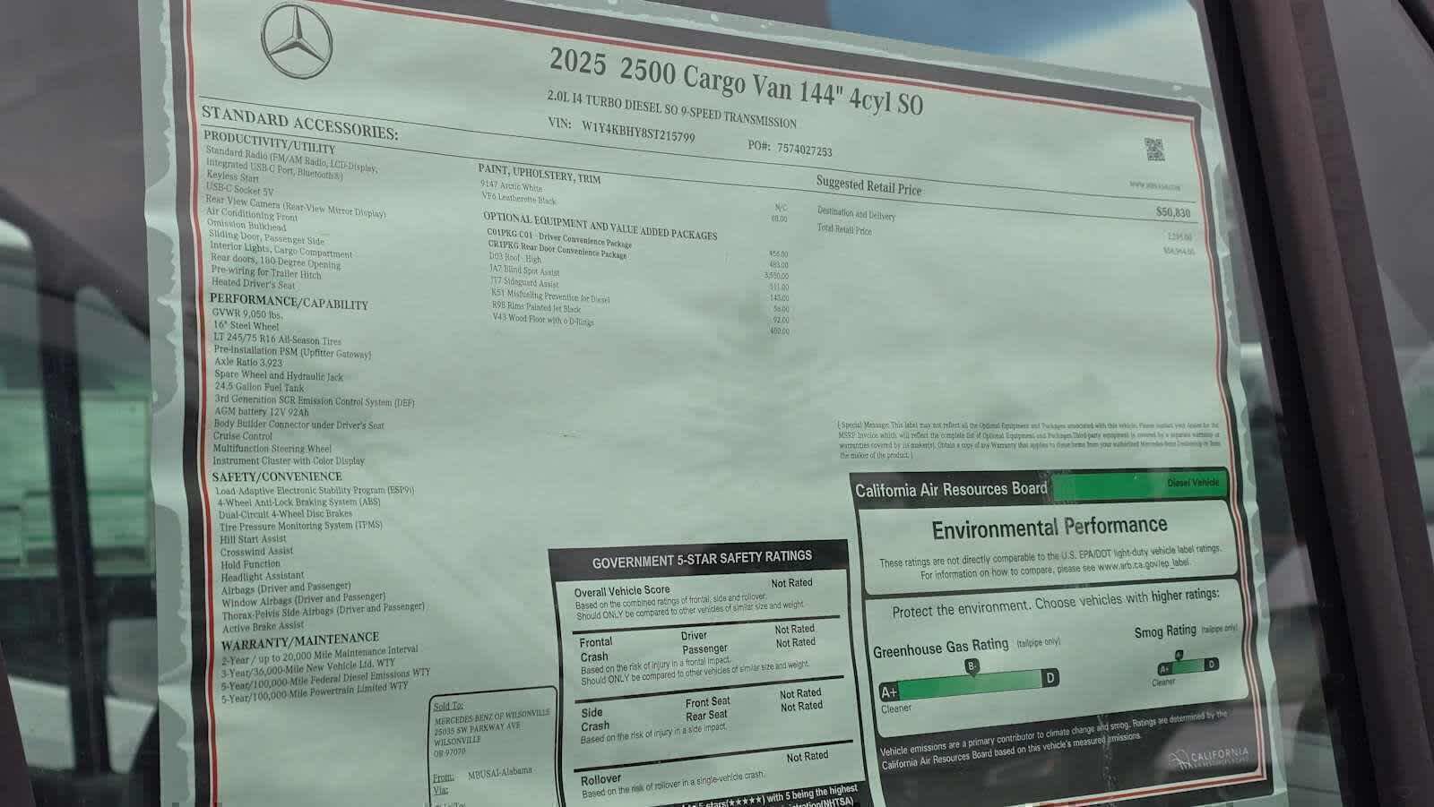 2025 Mercedes-Benz Sprinter Cargo Van 2500 Standard Roof I4 Diesel 144 RWD