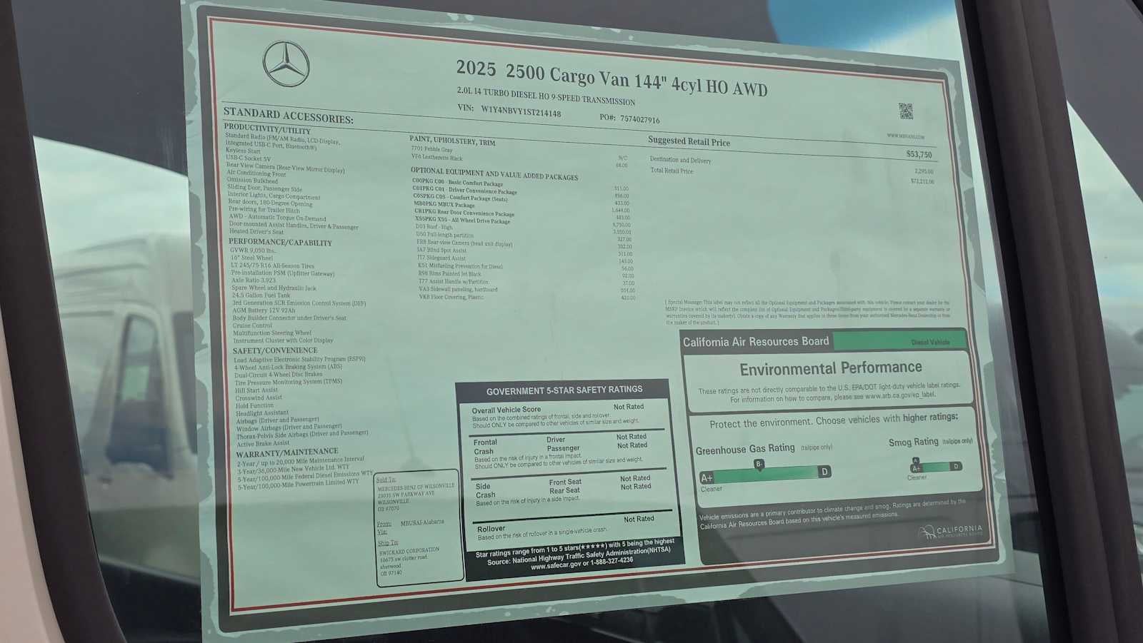 2025 Mercedes-Benz Sprinter Cargo Van 2500 Standard Roof I4 Diesel HO 144 AWD