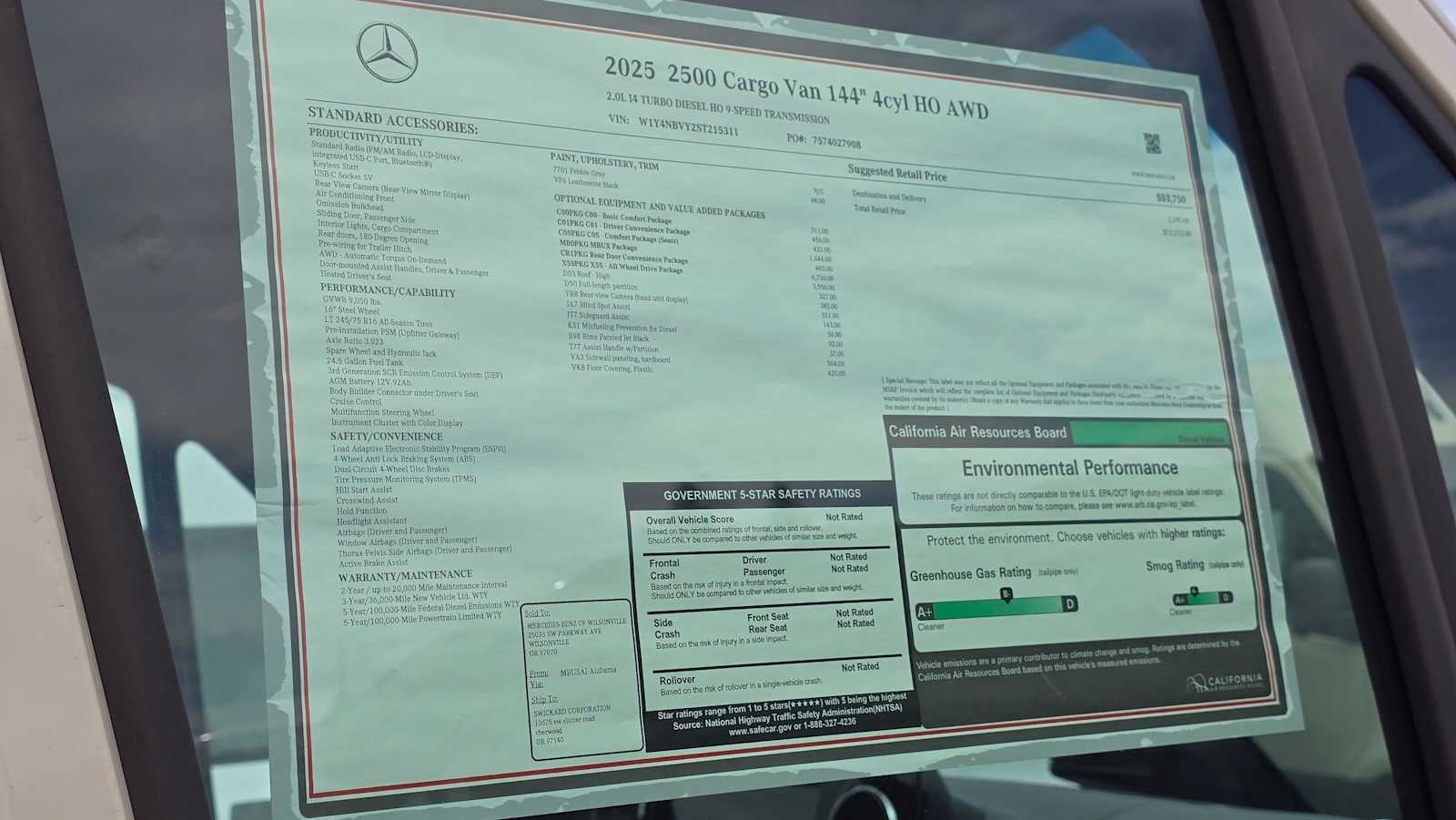 2025 Mercedes-Benz Sprinter Cargo Van 2500 Standard Roof I4 Diesel HO 144 AWD